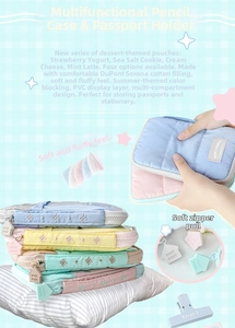 Detailed interior of a soft macaron stationery pouch with multi-layered storage compartments