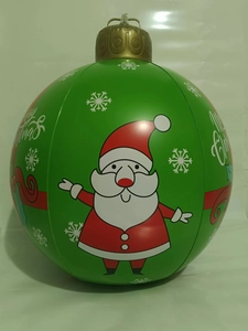 Close-up of inflatable 60cm green PVC Christmas ball with Santa print and LED lights