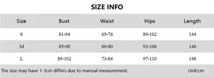 Size chart for backless tiered long dress with measurements in centimeters