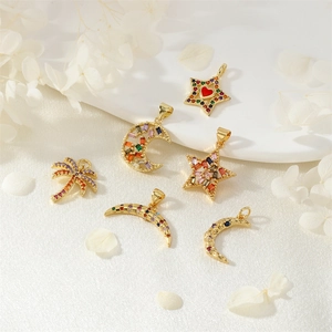 Golden moon and star pendants with colorful cubic zirconia for jewelry making