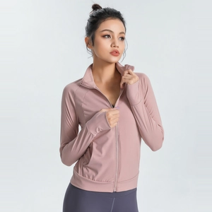 Slim fit yoga jacket in dusty rose with thumbholes and zip up design for running fitness