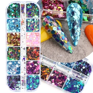 12-color holographic nail glitter flakes set with hexagonal sequins and fine powder