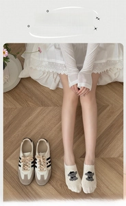 Close-up of low cut invisible socks with a cute bear pattern and non-slip silicone heel