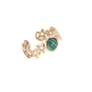 Golden stainless steel open ring with malachite stone and hollow star pattern band