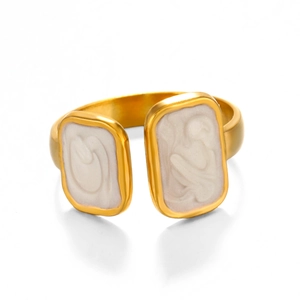 Vintage golden square ring with white enamel relief and open band design for women