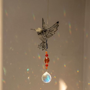 Hummingbird crystal suncatcher with colorful beads reflecting rainbows on a wall