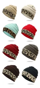 Grid showing eight different leopard print knit beanies in various warm colors