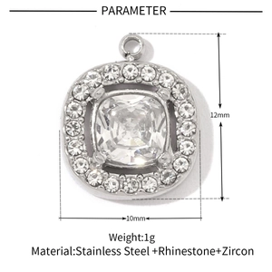 Detail showing dimensions of silver square zircon pendant in polished stainless steel
