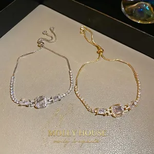 Adjustable luxury interlocking square zircon bracelet in elegant gold and silver finishes