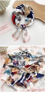 Detail of satin square scarf with cute cat illustrations and pink border edge