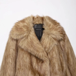 Women's chic camel faux fur short coat with fluffy texture and stylish lapel collar