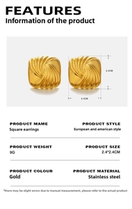 Detail view of gold square earrings featuring a radial spiral texture and 2.4cm dimensions