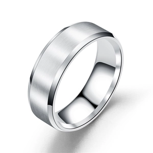 Minimalist 8mm silver stainless steel ring with a brushed finish and polished beveled edges