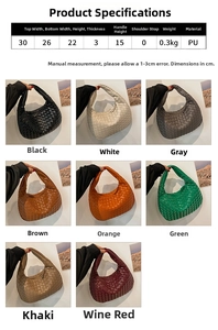 Detailed size chart for woven hobo bag with dimensions 30x22x3cm and multi-color options