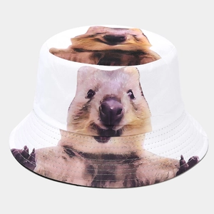 Detailed view of white bucket hat with realistic Quokka animal print on high-quality canvas