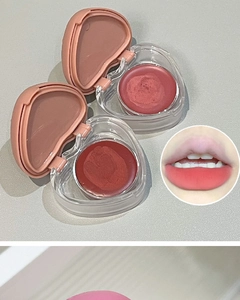 Dual-use matte lip and cheek mud in heart-shaped case with smooth pink swatch finish
