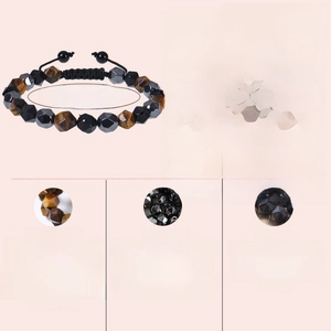 Adjustable 8mm tiger eye and obsidian beaded bracelet with size details and stone benefits