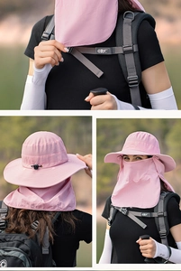 Close-up of pink outdoor sun hat with face cover and neck flap for hiking