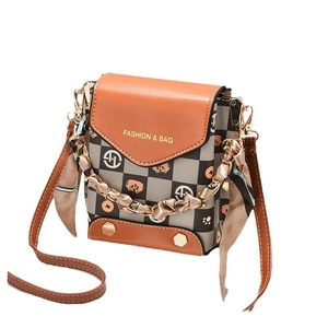 Mini crossbody phone bag with orange checkerboard print and cartoon tiger pattern