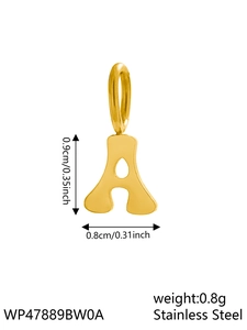Detailed view of golden stainless steel letter A pendant with dimensions 0.9x0.8cm