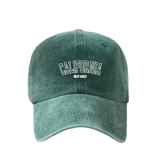 Retro washed dark green California baseball cap with white West Coast embroidery