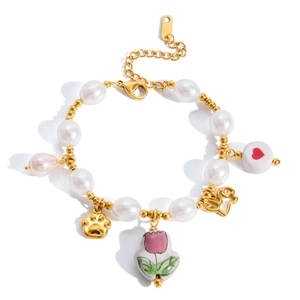 Stainless Steel Artificial Pearl Bracelet For Women With Hand Painted Tulip Ceramic Pendant And Heart Cat Paw Charms Retro Jewelry