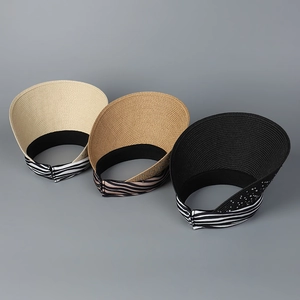 Straw sun visor hats with zebra pattern band in white, khaki, and black colors