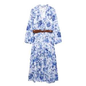 Women Elegant Maxi Dress Chiffon Blue White Floral V Neck Ruffle Long Sleeve Belted High Waist Flowy Summer