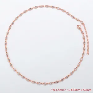 Detail view of 4.5mm rose gold chain necklace with round crystals and lobster clasp closure