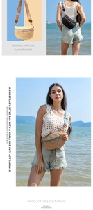 Detail of woven straw fanny pack featuring colorful beaded tassels and geometric strap