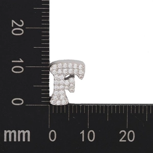 Detailed size view of silver letter F charm with sparkling zircons measuring 12mm in height