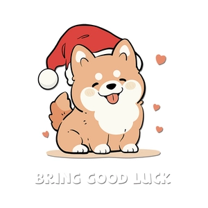 Christmas dog decal with Shiba Inu wearing red hat and Bring Good Luck text