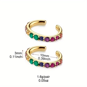 Detail view of multi-color zircon ear cuffs with size dimensions of 10mm diameter
