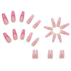 Pink gradient long coffin press on nails featuring French tips and glossy resin finish