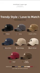 Detailed grid of baseball caps featuring 3D embroidered R letter in eight earthy colors