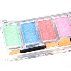Detail of 4-color solid aurora chrome powder palette with double-ended sponge brush