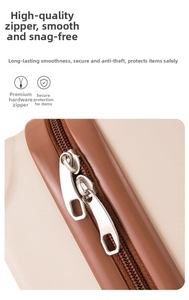 Detail of high-quality silver double metal zippers on beige textured portable suitcase