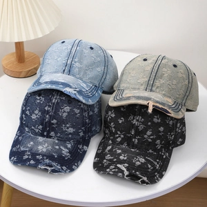Washed Denim Baseball Cap Distressed Broken Holes Floral Embroidery Frayed Edge American Retro Streetwear Unisex Hat