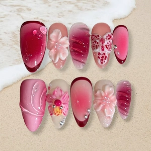 Press On Nails 3D Flower Relief Butterfly Artificial Pearl Decor Glossy Gradient Pink Red Detachable Fake Nails For Women