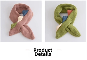 Detail of pink and green knit scarves with dinosaur-style 3D colorful triangle accents