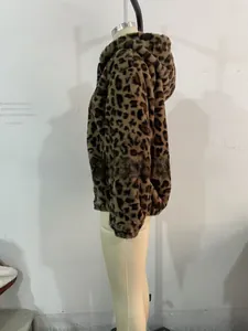 Detail of soft leopard print plush hoodie jacket with warm fuzzy texture and hood