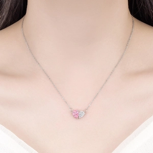 Elegant necklace with pink heart-shaped cubic zirconia pendant on silver chain for women