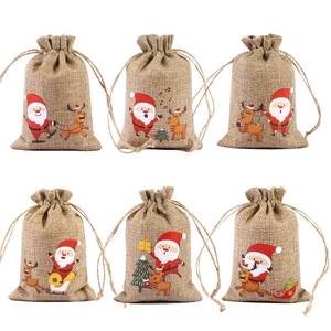 Set of 6 Christmas burlap drawstring gift bags with Santa Claus and reindeer patterns