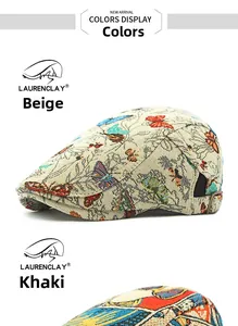Detail view of retro flat caps featuring butterfly jacquard and adjustable buckles
