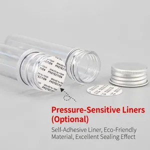 Clear PET plastic tube with silver metal screw cap and pressure sensitive seal gasket