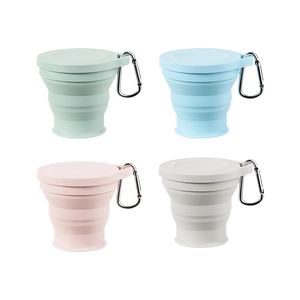 Collapsible silicone travel cups in four colors with portable metal carabiner clips