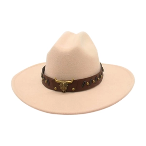 Detail of cattleman crease wool felt cowboy hat with bull head metal accent and studs