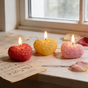 Three textured heart candles in red, yellow, and pink on a rustic window sill