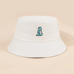 White wide brim bucket hat with cute blue dinosaur embroidery for men and women