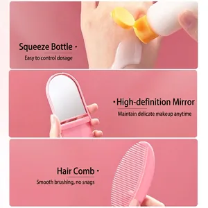 Portable 7-piece travel set with squeeze bottle, mirror and hair comb in pink